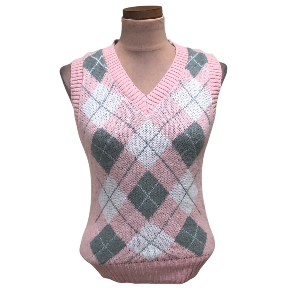 Vintage Sweater Vest Size Small Pastel Pink Gray Argyle